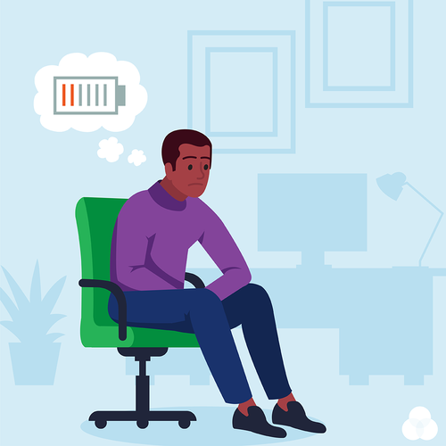an animated person is sitting in a chair, looking tired