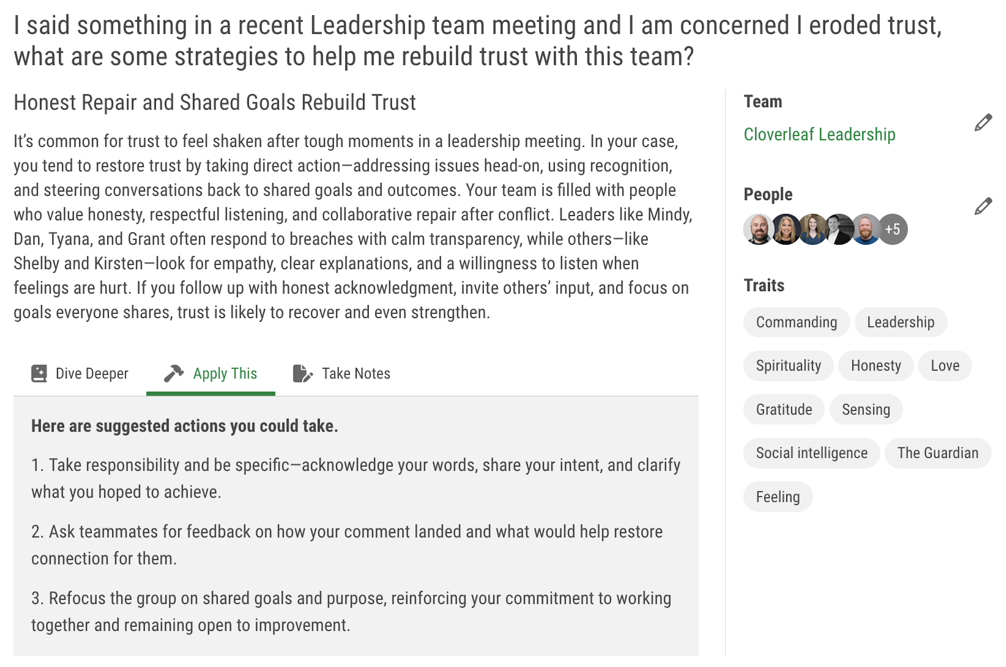 image of Cloverleaf Coach using AI to respond to leaders asking question about rebuilding trust with teammates