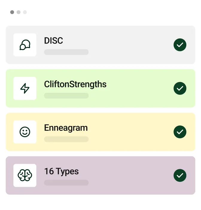 4 of Cloverleaf's 13 market-leading assessments: DISC, CliftonStrengths®, Enneagram and 16 Types results, each with a check mark