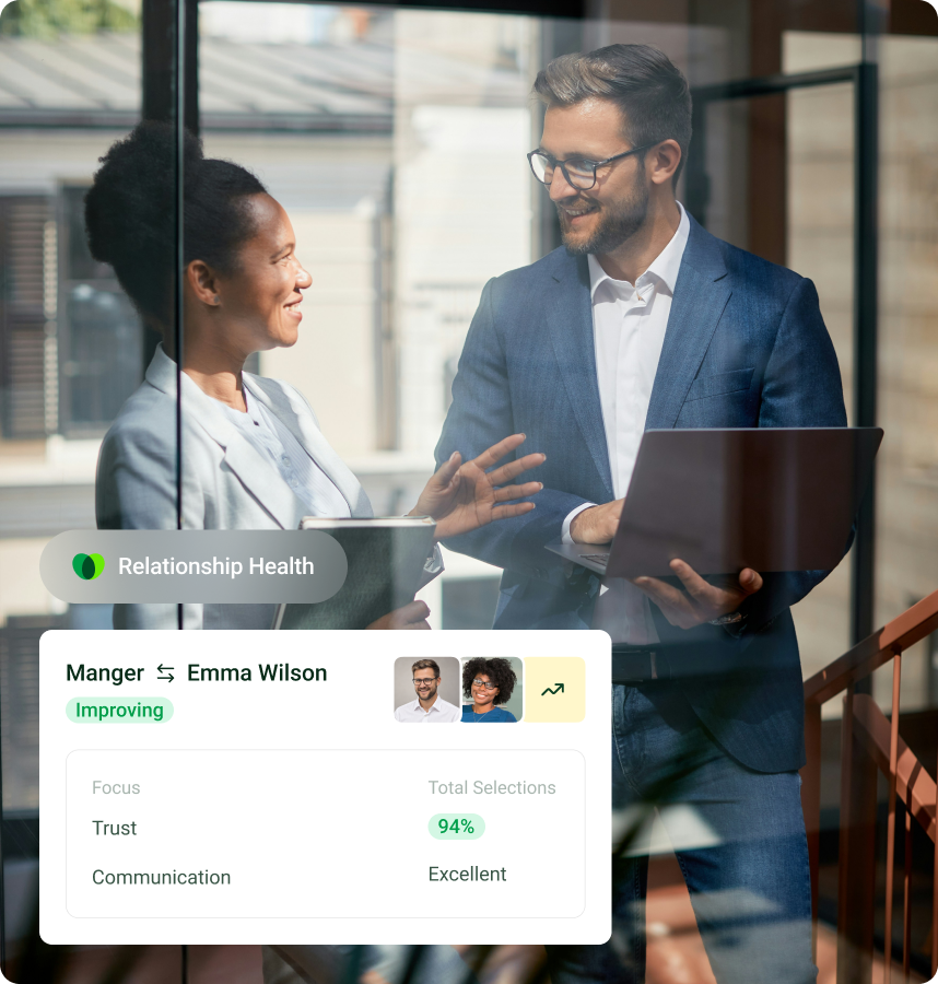Cloverleaf's Relationship Health card for a manager and Emma Wilson, marked Improving, over a photo of two coworkers talking