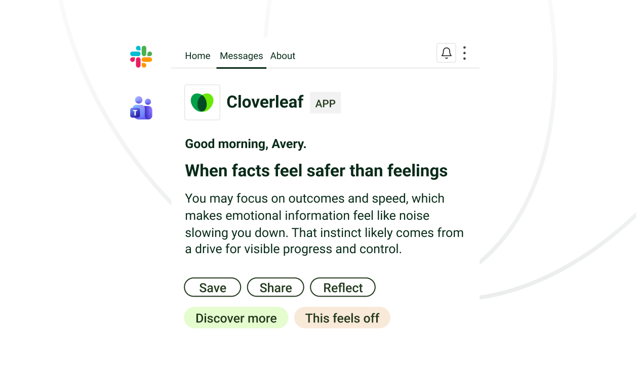 Morning coaching message from Cloverleaf for Avery in Slack or Teams, titled When facts feel safer than feelings
