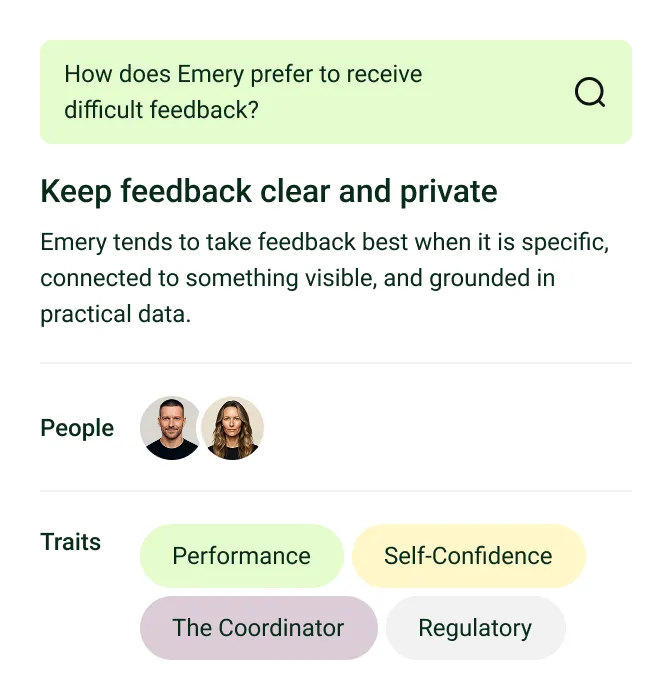 Cloverleaf insight and answer to how Emery prefers to receive difficult feedback: keep it clear, private, specific and grounded in practical data